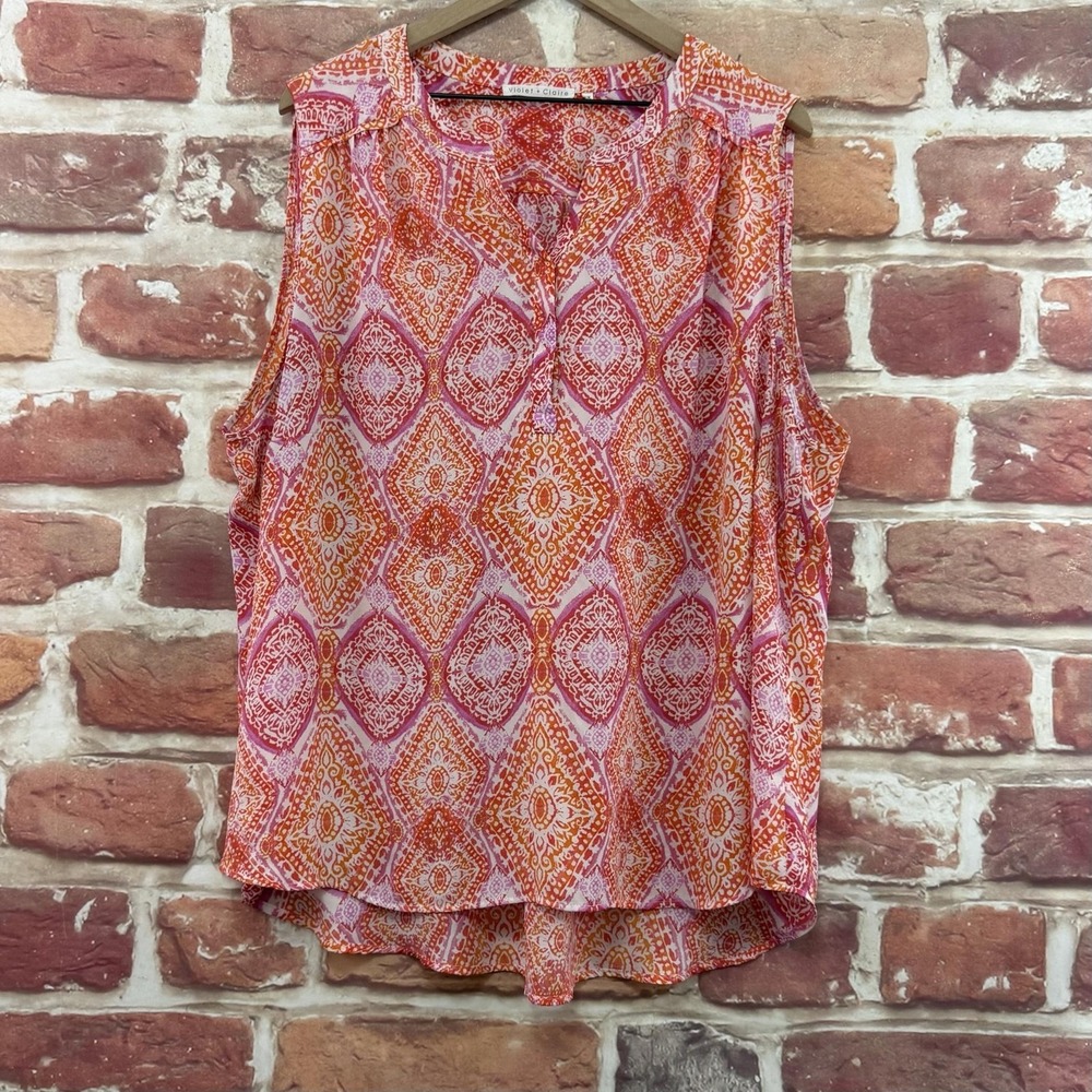 Violet + Claire Top Women's 3X Orange Boho Floral Abstract Casual Tank Shirt